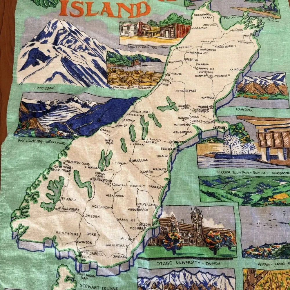 New Zealand South Island Linen Tea Towel Map Scenic Souvenir 17